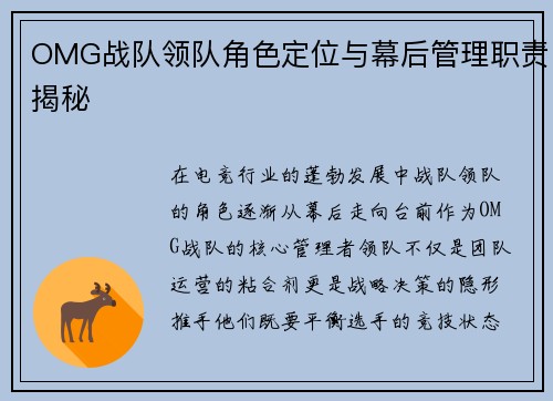 OMG战队领队角色定位与幕后管理职责揭秘