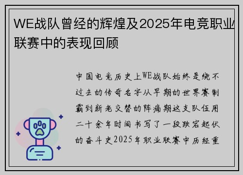 WE战队曾经的辉煌及2025年电竞职业联赛中的表现回顾