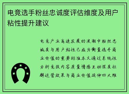 电竞选手粉丝忠诚度评估维度及用户粘性提升建议