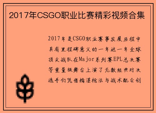 2017年CSGO职业比赛精彩视频合集