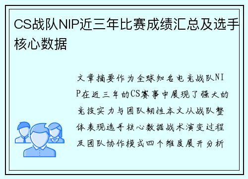 CS战队NIP近三年比赛成绩汇总及选手核心数据