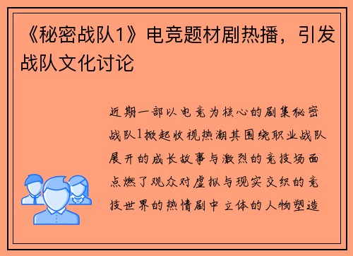 《秘密战队1》电竞题材剧热播，引发战队文化讨论